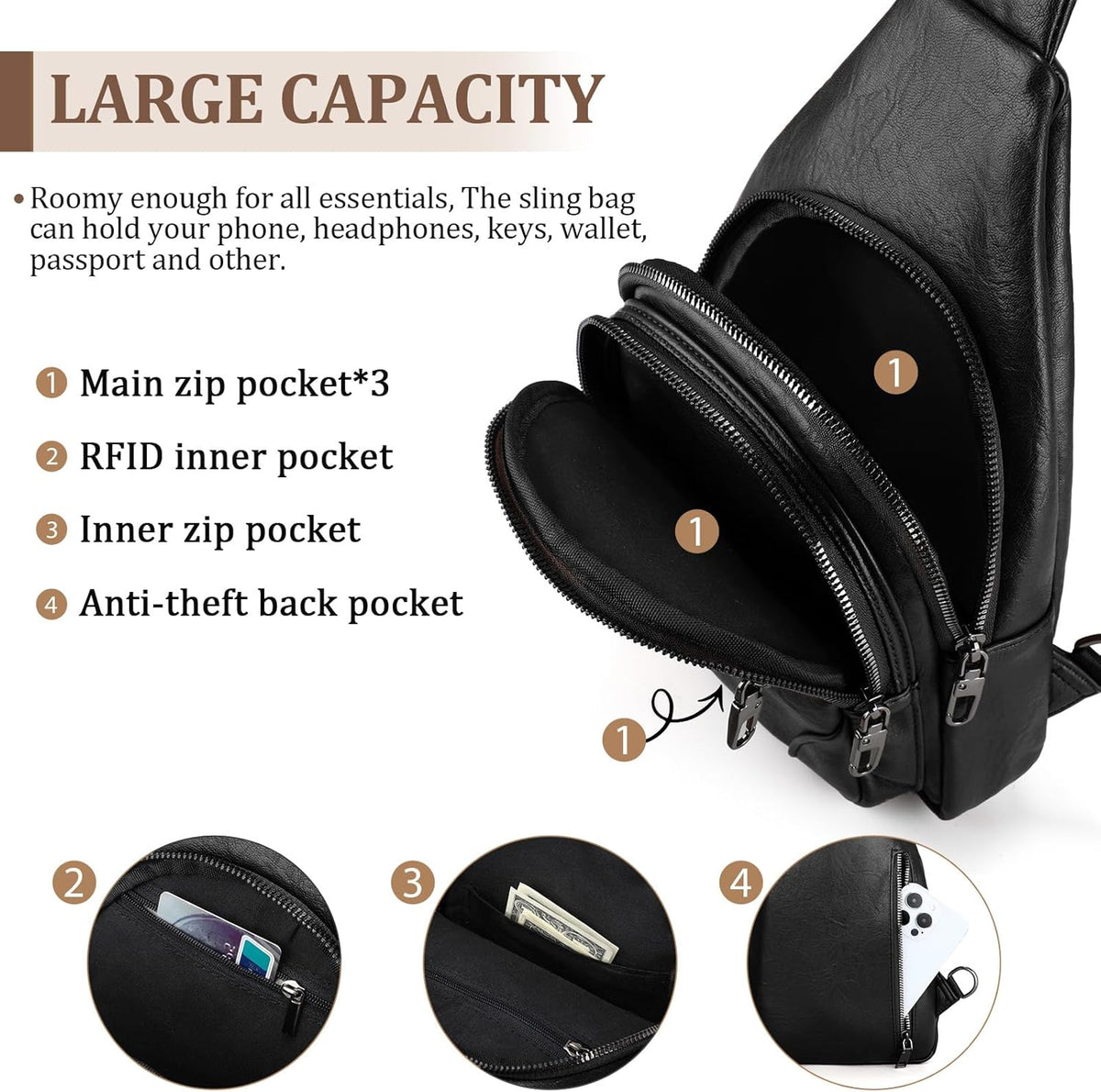 Anti Theft Crossbody Travel Bag for Women Men PU Leather Sling Bag with Adjustable Strap