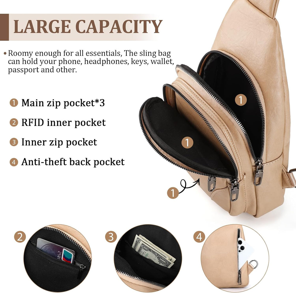 Anti Theft Crossbody Travel Bag for Women Men PU Leather Sling Bag with Adjustable Strap