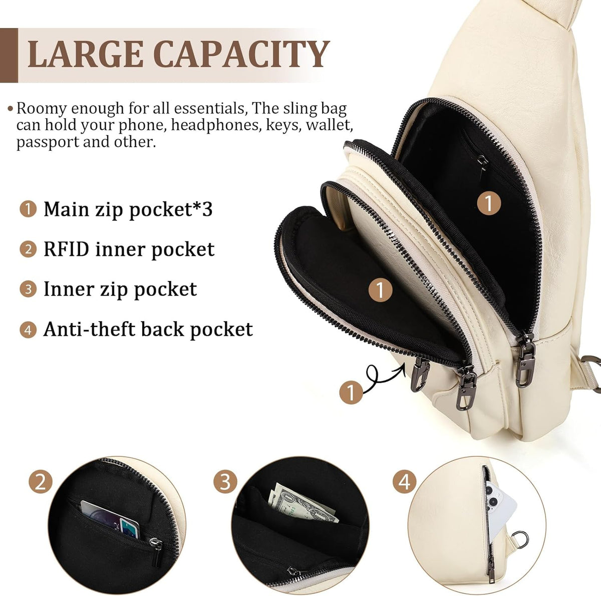 Anti Theft Crossbody Travel Bag for Women Men PU Leather Sling Bag with Adjustable Strap
