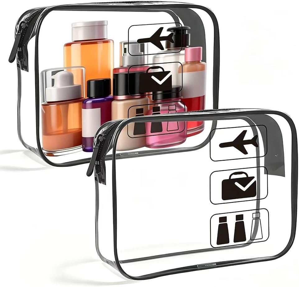 Clear Toiletry Bag, 2 Pack TSA Approved Travel Toiletry Bag Carry on Travel Accessories Bag for Women Men, Carry on Airport Airline Cosmetic Bag (Black-2pc)