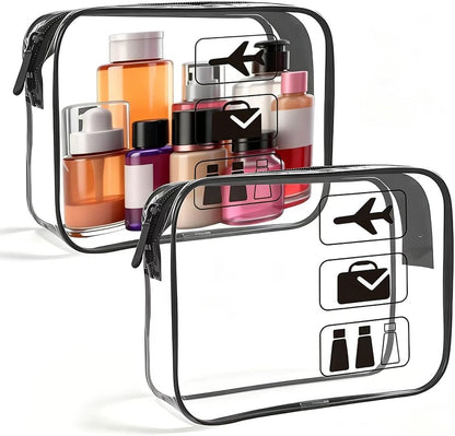 Clear Toiletry Bag, 2 Pack TSA Approved Travel Toiletry Bag Carry on Travel Accessories Bag for Women Men, Carry on Airport Airline Cosmetic Bag (Black-2pc)