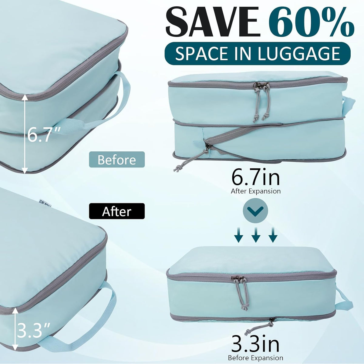 Compression Packing Cubes for Travel Essentials, 2 Set Expandable Compression Bags for Travel Packing Cubes for Suitcase Luggage Organizer Bags, Blue Mesh