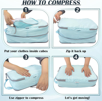 Compression Packing Cubes for Travel Essentials, 2 Set Expandable Compression Bags for Travel Packing Cubes for Suitcase Luggage Organizer Bags, Blue Mesh
