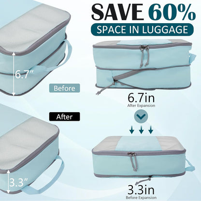 Compression Packing Cubes for Travel Essentials, 2 Set Expandable Compression Bags for Travel Packing Cubes for Suitcase Luggage Organizer Bags, Blue Mesh