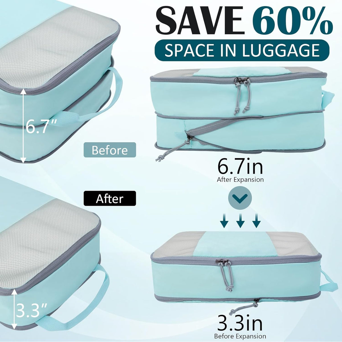 Compression Packing Cubes for Travel Essentials, 2 Set Expandable Compression Bags for Travel Packing Cubes for Suitcase Luggage Organizer Bags, Blue Mesh