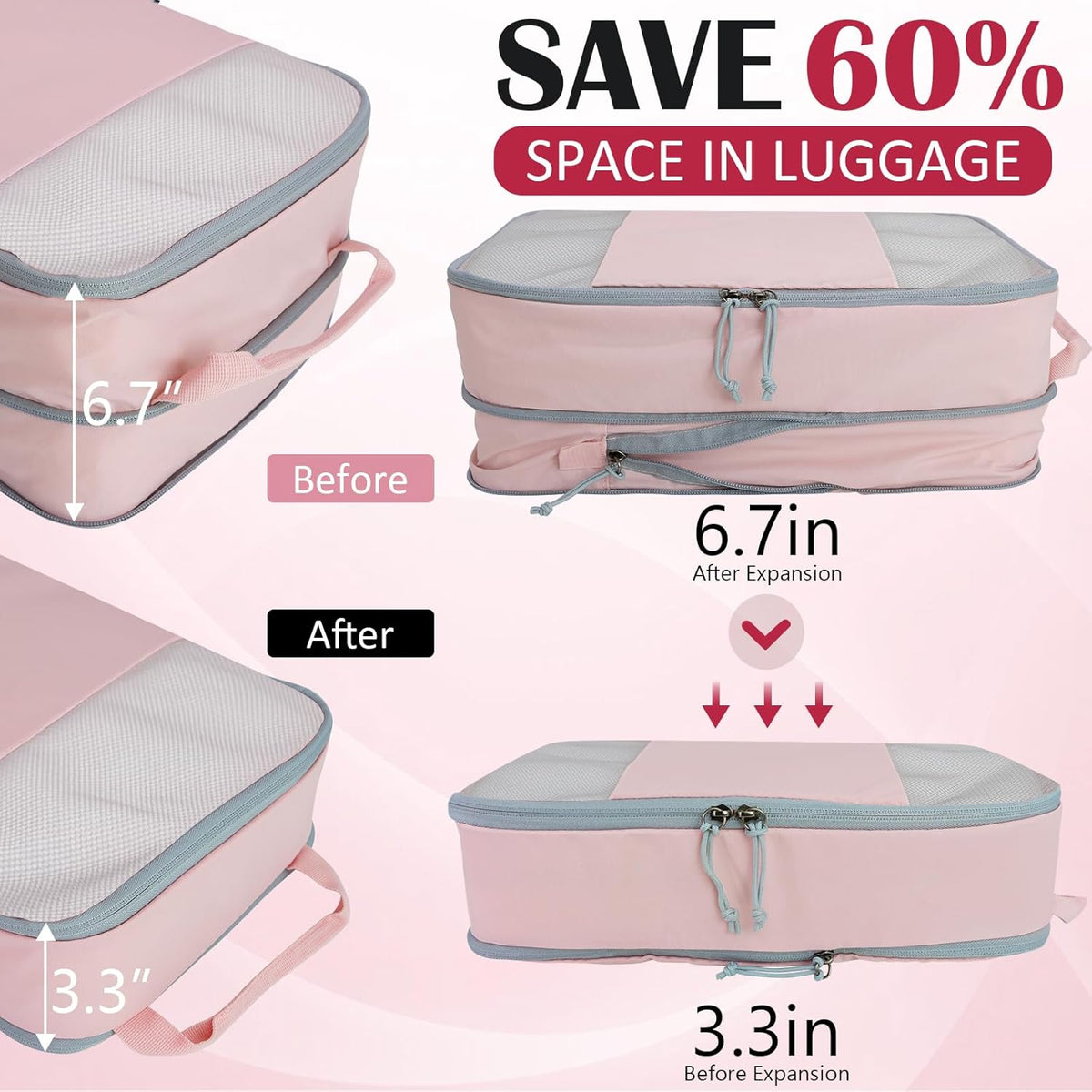 Compression Packing Cubes for Travel Essentials, 2 Set Expandable Compression Bags for Travel Packing Cubes for Suitcase Luggage Organizer Bags, Blue Mesh