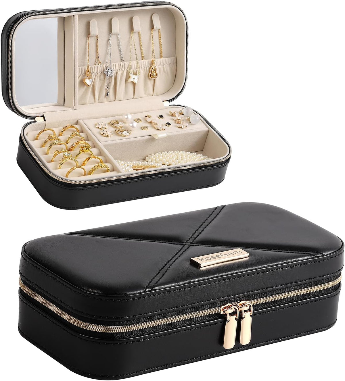 Travel Jewelry Case, Travel Jewelry Box Organizer with Mirror, 4.1 x 8 x 2.4 Inches, Stitching, Portable, Gift Idea (White)
