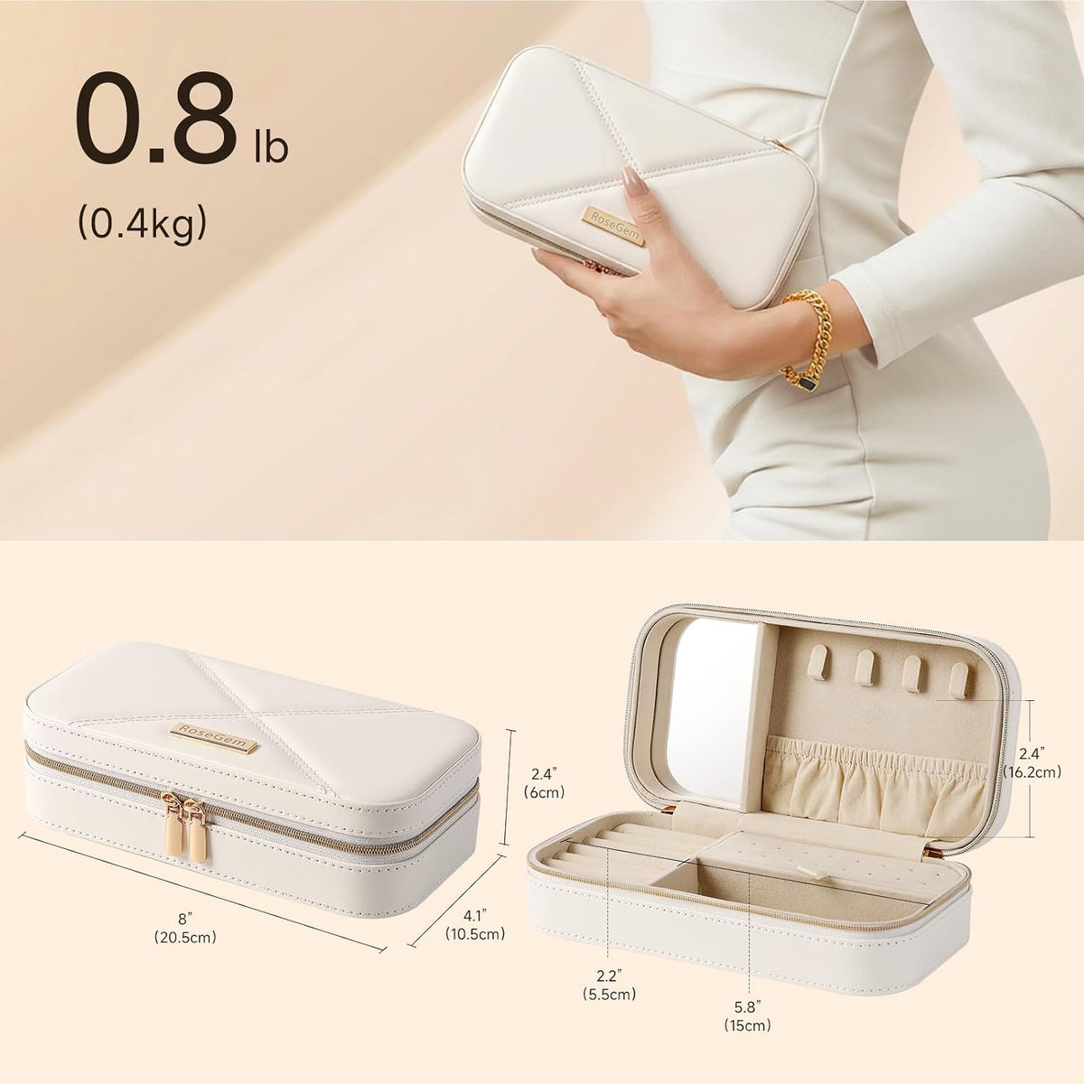 Travel Jewelry Case, Travel Jewelry Box Organizer with Mirror, 4.1 x 8 x 2.4 Inches, Stitching, Portable, Gift Idea (White)
