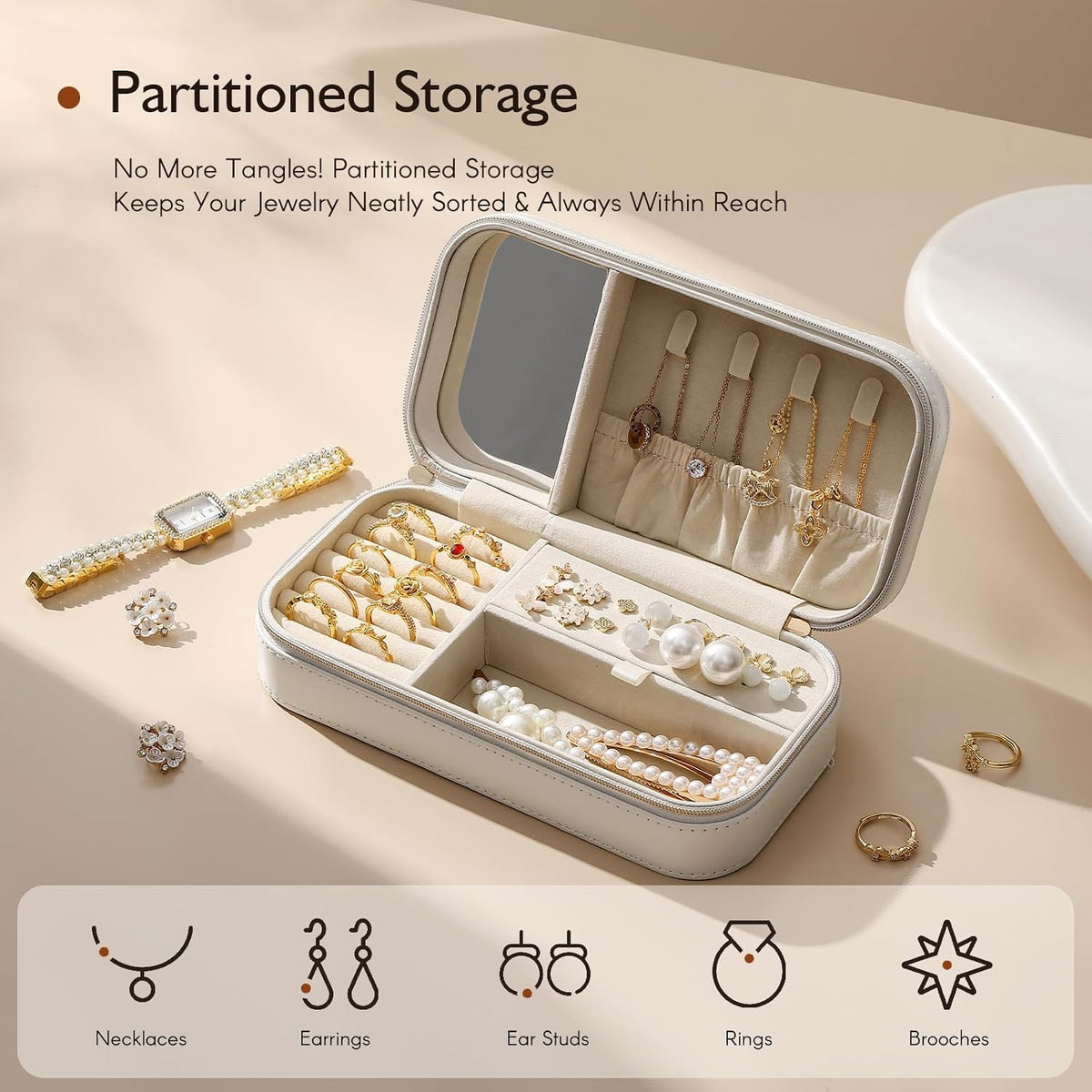 Travel Jewelry Case, Travel Jewelry Box Organizer with Mirror, 4.1 x 8 x 2.4 Inches, Stitching, Portable, Gift Idea (White)