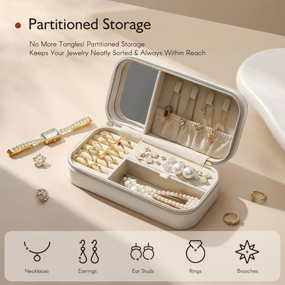 Travel Jewelry Case, Travel Jewelry Box Organizer with Mirror, 4.1 x 8 x 2.4 Inches, Stitching, Portable, Gift Idea (White)