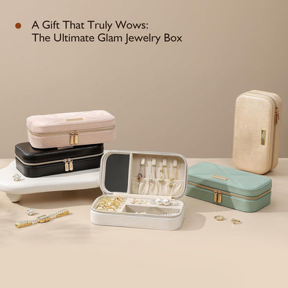 Travel Jewelry Case, Travel Jewelry Box Organizer with Mirror, 4.1 x 8 x 2.4 Inches, Stitching, Portable, Gift Idea (White)