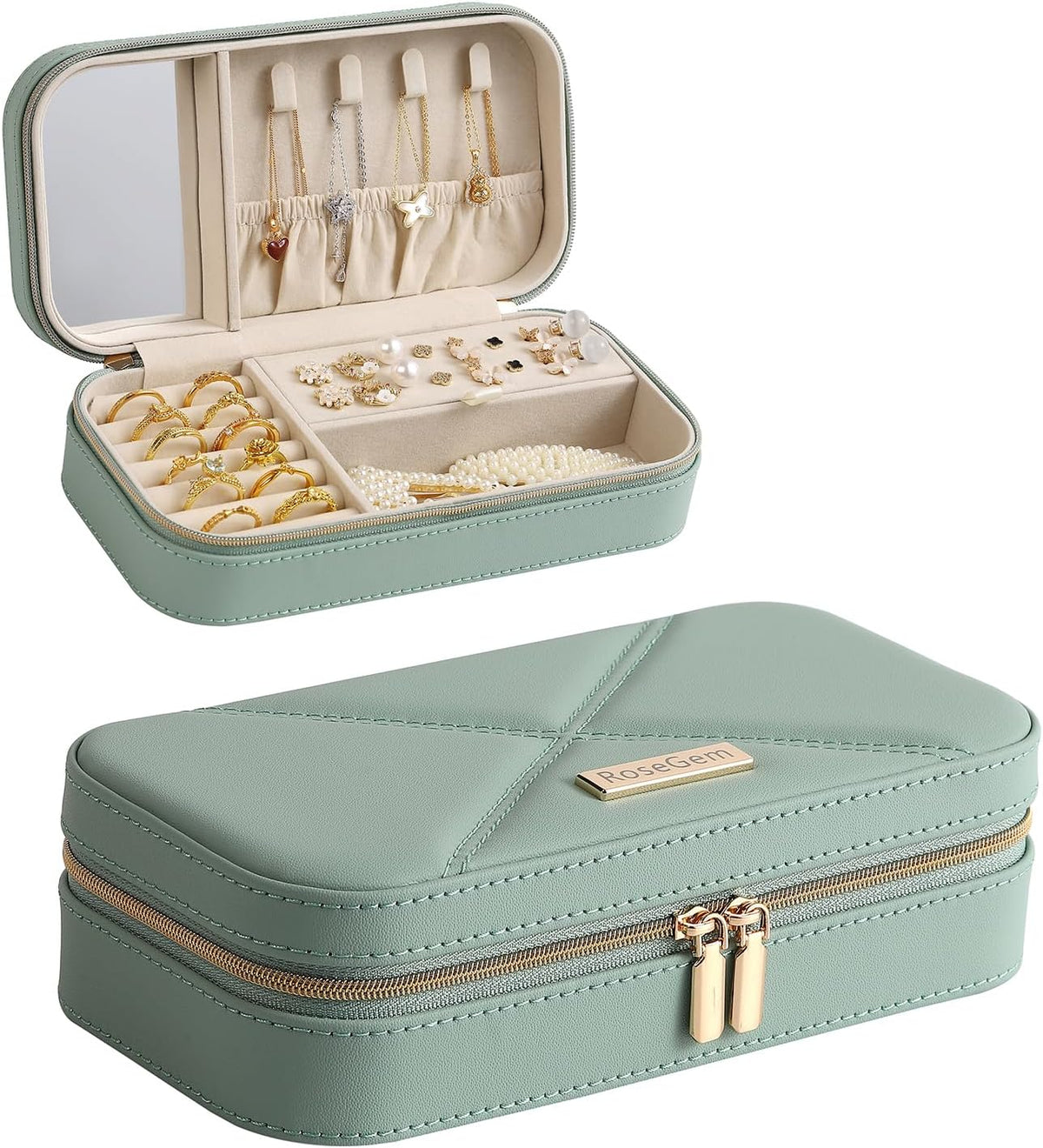 Travel Jewelry Case, Travel Jewelry Box Organizer with Mirror, 4.1 x 8 x 2.4 Inches, Stitching, Portable, Gift Idea (White)