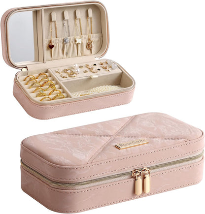 Travel Jewelry Case, Travel Jewelry Box Organizer with Mirror, 4.1 x 8 x 2.4 Inches, Stitching, Portable, Gift Idea (White)