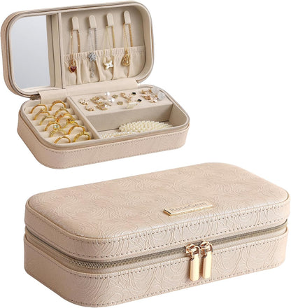 Travel Jewelry Case, Travel Jewelry Box Organizer with Mirror, 4.1 x 8 x 2.4 Inches, Stitching, Portable, Gift Idea (White)