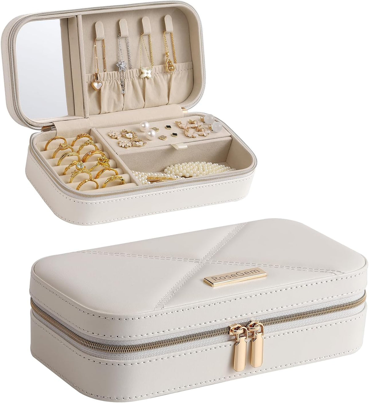 Travel Jewelry Case, Travel Jewelry Box Organizer with Mirror, 4.1 x 8 x 2.4 Inches, Stitching, Portable, Gift Idea (White)