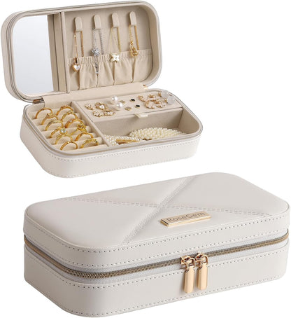 Travel Jewelry Case, Travel Jewelry Box Organizer with Mirror, 4.1 x 8 x 2.4 Inches, Stitching, Portable, Gift Idea (White)