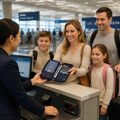 RFID Family Passport Holder for 4, Travel Wallet with Phone & Boarding Pass Window, Card Slots, Passport & Pen Storage, All-in-One Airport Travel Organizer for Family Trips Navy Blue