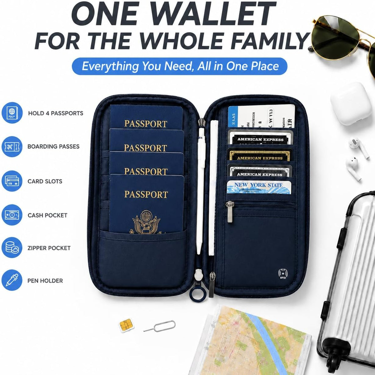 RFID Family Passport Holder for 4, Travel Wallet with Phone & Boarding Pass Window, Card Slots, Passport & Pen Storage, All-in-One Airport Travel Organizer for Family Trips Navy Blue