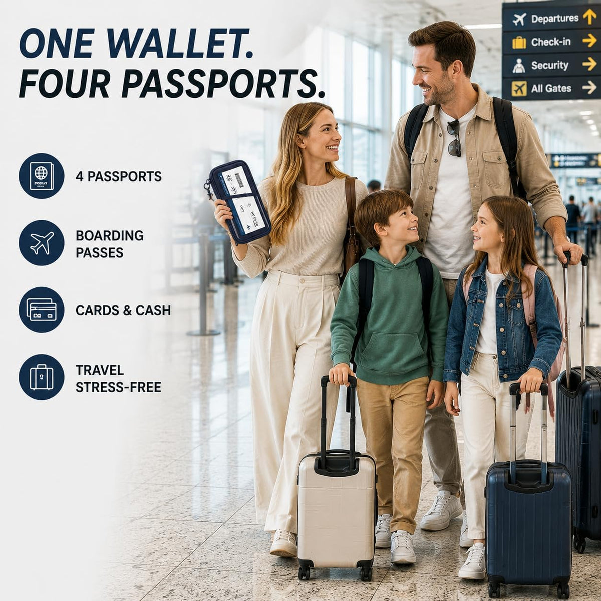 RFID Family Passport Holder for 4, Travel Wallet with Phone & Boarding Pass Window, Card Slots, Passport & Pen Storage, All-in-One Airport Travel Organizer for Family Trips Navy Blue