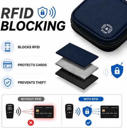 RFID Family Passport Holder for 4, Travel Wallet with Phone & Boarding Pass Window, Card Slots, Passport & Pen Storage, All-in-One Airport Travel Organizer for Family Trips Navy Blue