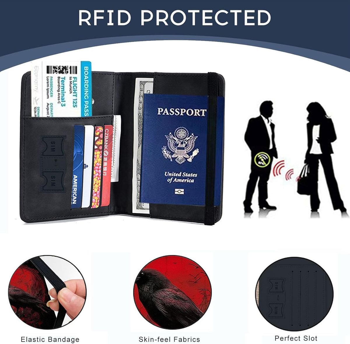 Passport Cover,RFID Blocking,Large Capacity Multi-Slot Travel Passport Wallet for Men & Women - Dark Raven - Colors B