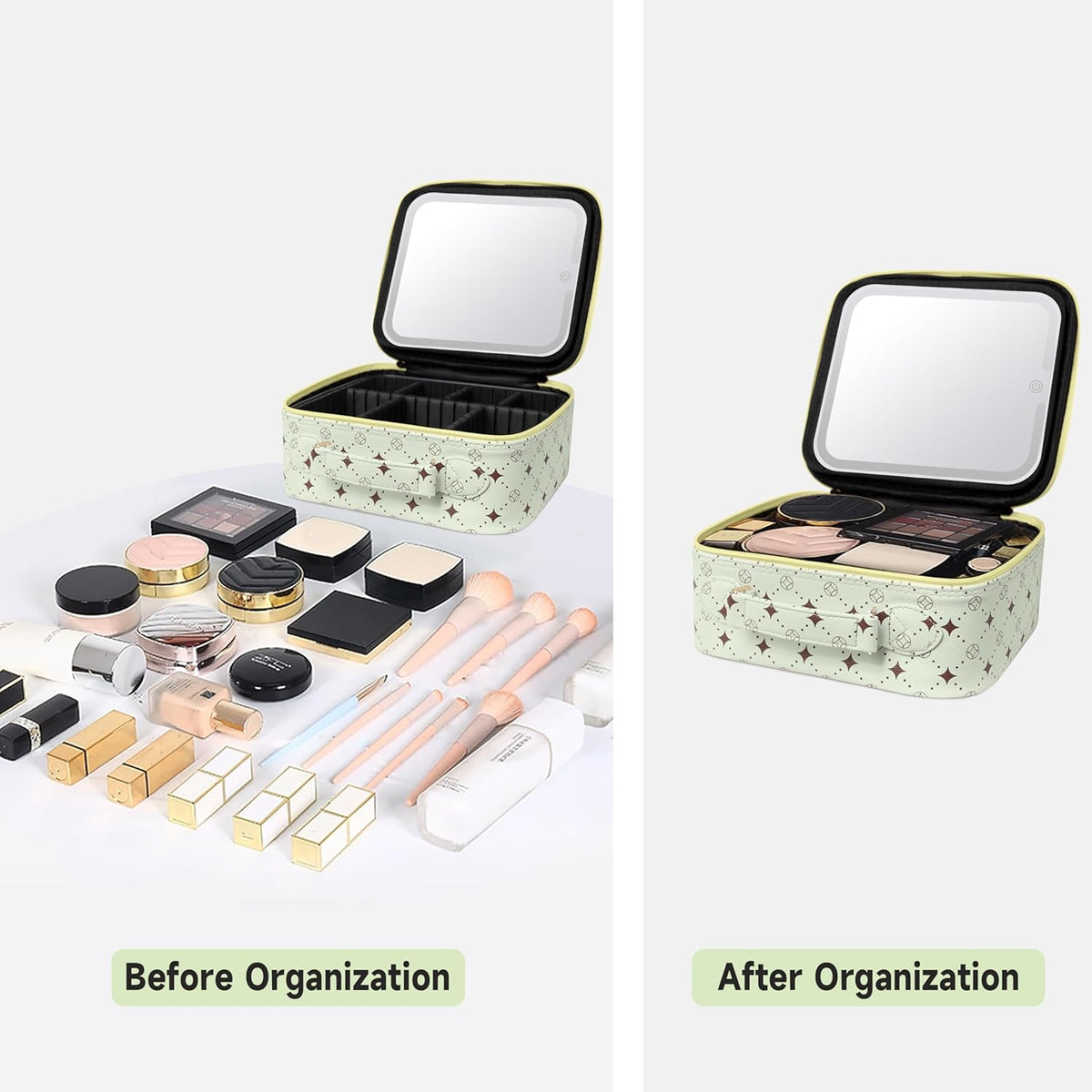 Travel Makeup Bag With 360° rotating LED Mirror,Waterproof cosmetic organizer,Portability Cosmetic case,Makeup organizer,Gift for Women,Girls Gift (Green+Yello)