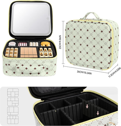 Travel Makeup Bag With 360° rotating LED Mirror,Waterproof cosmetic organizer,Portability Cosmetic case,Makeup organizer,Gift for Women,Girls Gift (Green+Yello)