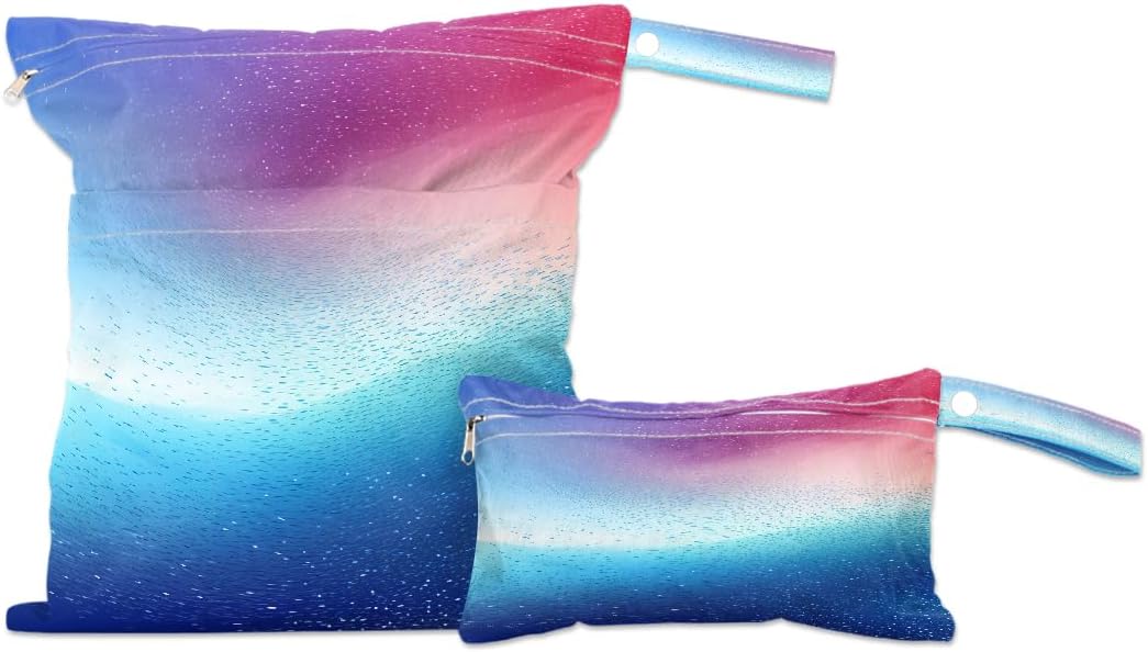 2-Pack Waterproof Wet Dry Bags for Swimsuits & Travel - Large & Small Sizes with Snap Handles, Lightweight Nebula Galaxy Blue Print Polyester Bags (11.8"x13.5" + 8.7"x5.1")