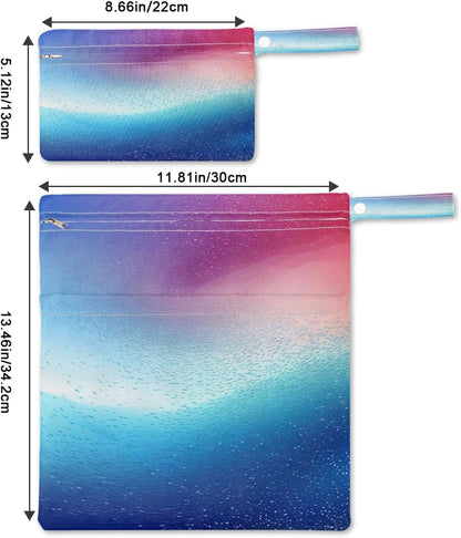 2-Pack Waterproof Wet Dry Bags for Swimsuits & Travel - Large & Small Sizes with Snap Handles, Lightweight Nebula Galaxy Blue Print Polyester Bags (11.8"x13.5" + 8.7"x5.1")