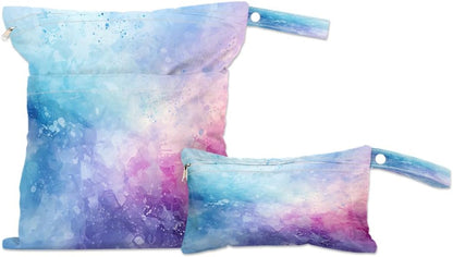 2-Pack Waterproof Wet Dry Bags for Swimsuits & Travel - Large & Small Sizes with Snap Handles, Lightweight Nebula Galaxy Blue Print Polyester Bags (11.8"x13.5" + 8.7"x5.1")