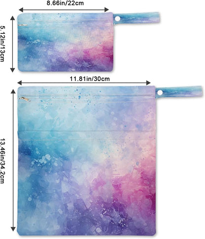 2-Pack Waterproof Wet Dry Bags for Swimsuits & Travel - Large & Small Sizes with Snap Handles, Lightweight Nebula Galaxy Blue Print Polyester Bags (11.8"x13.5" + 8.7"x5.1")