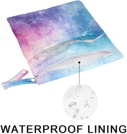 2-Pack Waterproof Wet Dry Bags for Swimsuits & Travel - Large & Small Sizes with Snap Handles, Lightweight Nebula Galaxy Blue Print Polyester Bags (11.8"x13.5" + 8.7"x5.1")