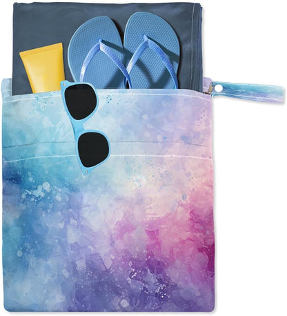 2-Pack Waterproof Wet Dry Bags for Swimsuits & Travel - Large & Small Sizes with Snap Handles, Lightweight Nebula Galaxy Blue Print Polyester Bags (11.8"x13.5" + 8.7"x5.1")