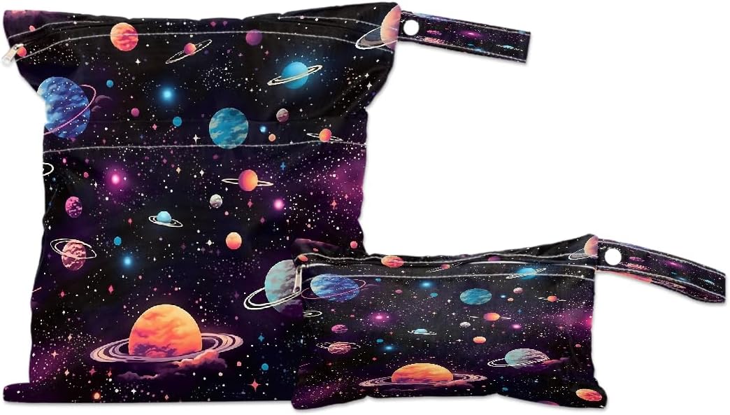 2-Pack Waterproof Wet Dry Bags for Swimsuits & Travel - Large & Small Sizes with Snap Handles, Lightweight Nebula Galaxy Blue Print Polyester Bags (11.8"x13.5" + 8.7"x5.1")