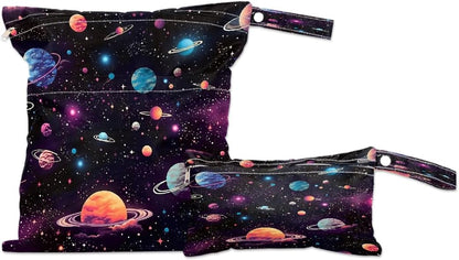 2-Pack Waterproof Wet Dry Bags for Swimsuits & Travel - Large & Small Sizes with Snap Handles, Lightweight Nebula Galaxy Blue Print Polyester Bags (11.8"x13.5" + 8.7"x5.1")