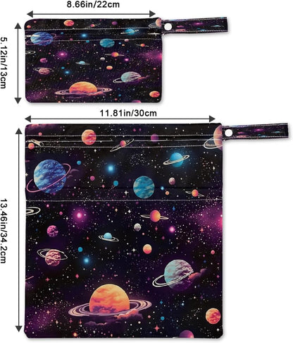 2-Pack Waterproof Wet Dry Bags for Swimsuits & Travel - Large & Small Sizes with Snap Handles, Lightweight Nebula Galaxy Blue Print Polyester Bags (11.8"x13.5" + 8.7"x5.1")