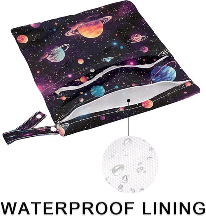 2-Pack Waterproof Wet Dry Bags for Swimsuits & Travel - Large & Small Sizes with Snap Handles, Lightweight Nebula Galaxy Blue Print Polyester Bags (11.8"x13.5" + 8.7"x5.1")