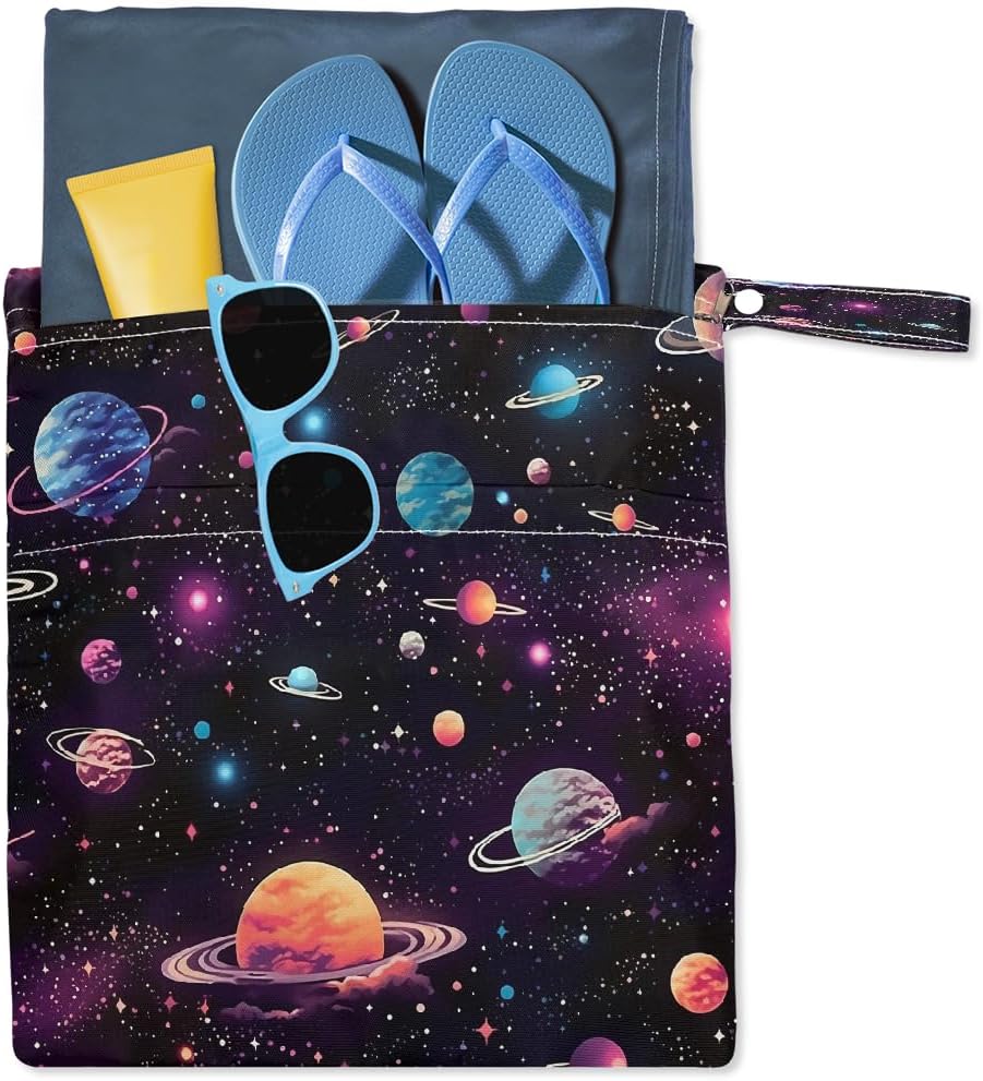 2-Pack Waterproof Wet Dry Bags for Swimsuits & Travel - Large & Small Sizes with Snap Handles, Lightweight Nebula Galaxy Blue Print Polyester Bags (11.8"x13.5" + 8.7"x5.1")