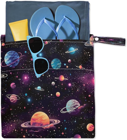 2-Pack Waterproof Wet Dry Bags for Swimsuits & Travel - Large & Small Sizes with Snap Handles, Lightweight Nebula Galaxy Blue Print Polyester Bags (11.8"x13.5" + 8.7"x5.1")