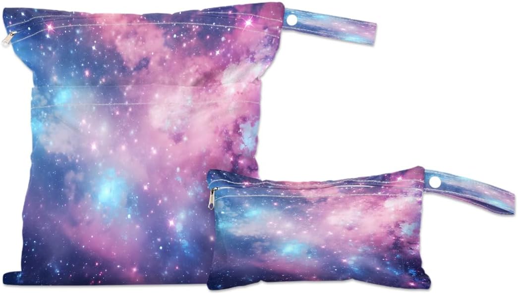 2-Pack Waterproof Wet Dry Bags for Swimsuits & Travel - Large & Small Sizes with Snap Handles, Lightweight Nebula Galaxy Blue Print Polyester Bags (11.8"x13.5" + 8.7"x5.1")
