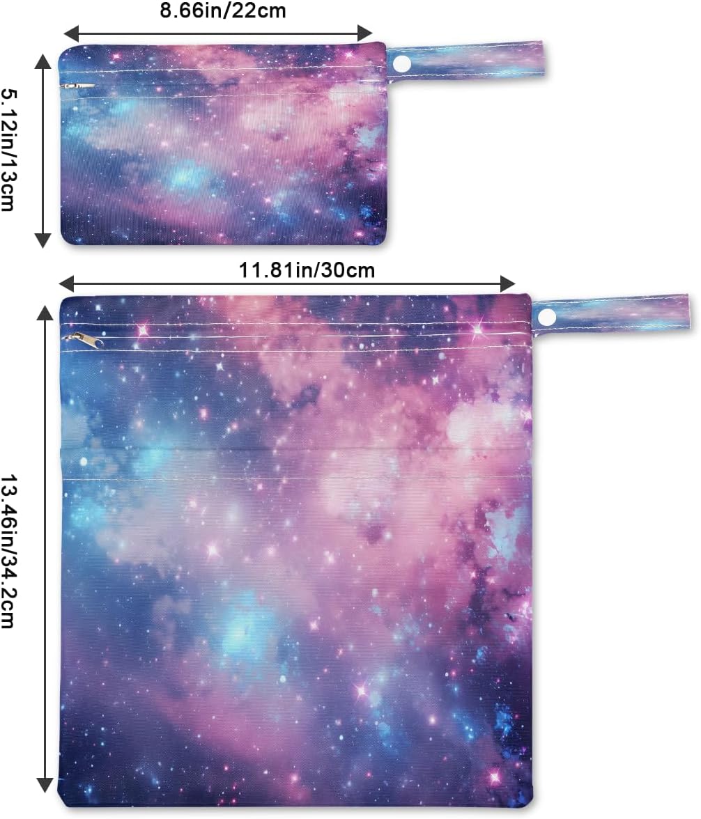 2-Pack Waterproof Wet Dry Bags for Swimsuits & Travel - Large & Small Sizes with Snap Handles, Lightweight Nebula Galaxy Blue Print Polyester Bags (11.8"x13.5" + 8.7"x5.1")
