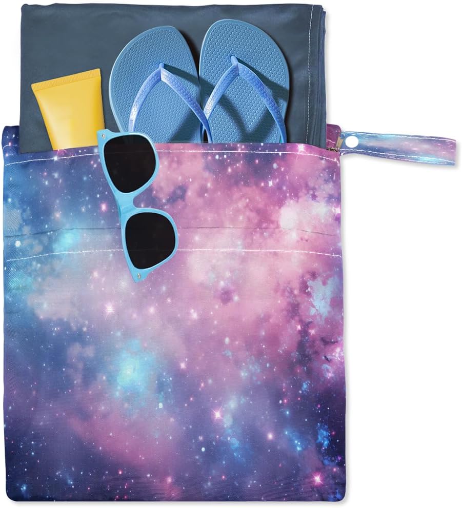 2-Pack Waterproof Wet Dry Bags for Swimsuits & Travel - Large & Small Sizes with Snap Handles, Lightweight Nebula Galaxy Blue Print Polyester Bags (11.8"x13.5" + 8.7"x5.1")