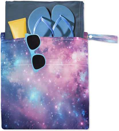 2-Pack Waterproof Wet Dry Bags for Swimsuits & Travel - Large & Small Sizes with Snap Handles, Lightweight Nebula Galaxy Blue Print Polyester Bags (11.8"x13.5" + 8.7"x5.1")