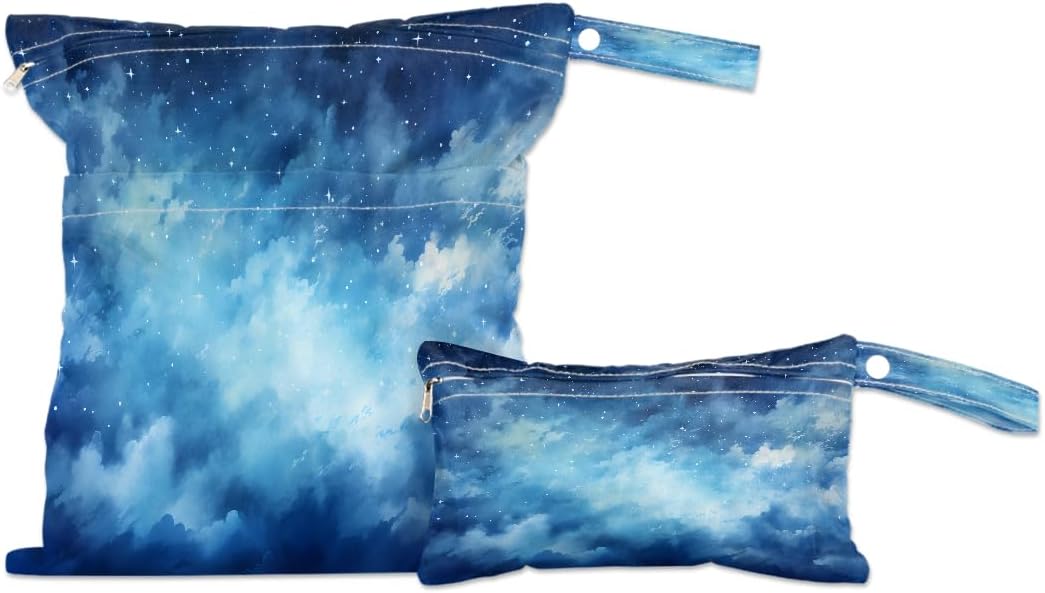 2-Pack Waterproof Wet Dry Bags for Swimsuits & Travel - Large & Small Sizes with Snap Handles, Lightweight Nebula Galaxy Blue Print Polyester Bags (11.8"x13.5" + 8.7"x5.1")