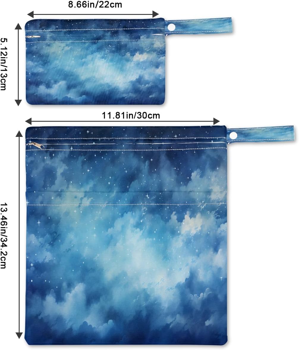 2-Pack Waterproof Wet Dry Bags for Swimsuits & Travel - Large & Small Sizes with Snap Handles, Lightweight Nebula Galaxy Blue Print Polyester Bags (11.8"x13.5" + 8.7"x5.1")