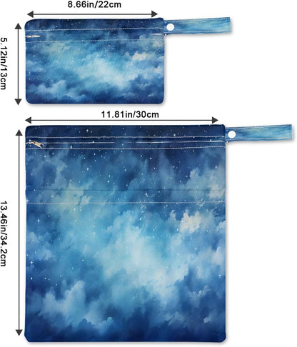 2-Pack Waterproof Wet Dry Bags for Swimsuits & Travel - Large & Small Sizes with Snap Handles, Lightweight Nebula Galaxy Blue Print Polyester Bags (11.8"x13.5" + 8.7"x5.1")