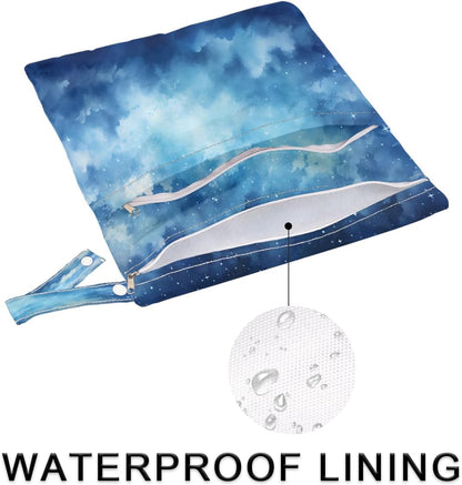 2-Pack Waterproof Wet Dry Bags for Swimsuits & Travel - Large & Small Sizes with Snap Handles, Lightweight Nebula Galaxy Blue Print Polyester Bags (11.8"x13.5" + 8.7"x5.1")