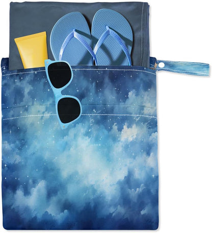 2-Pack Waterproof Wet Dry Bags for Swimsuits & Travel - Large & Small Sizes with Snap Handles, Lightweight Nebula Galaxy Blue Print Polyester Bags (11.8"x13.5" + 8.7"x5.1")