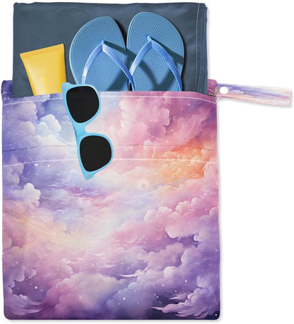 2-Pack Waterproof Wet Dry Bags for Swimsuits & Travel - Large & Small Sizes with Snap Handles, Lightweight Nebula Galaxy Blue Print Polyester Bags (11.8"x13.5" + 8.7"x5.1")