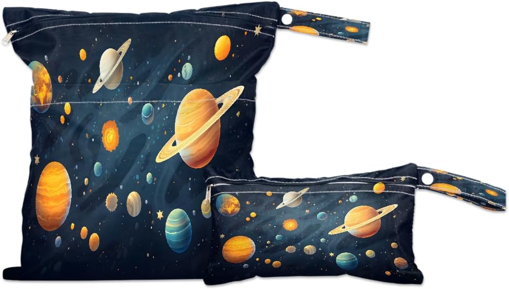 2-Pack Waterproof Wet Dry Bags for Swimsuits & Travel - Large & Small Sizes with Snap Handles, Lightweight Nebula Galaxy Blue Print Polyester Bags (11.8"x13.5" + 8.7"x5.1")